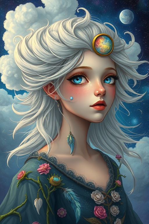 Create a series of imaginative portraits where each subject is infused with elements of fantasy and nature. The hair of the individuals should flow like clouds, varying from soft, fluffy cumulus to wispy cirrus strands, with hints of color reflecting a sunset or a clear blue sky. The eyes should be windows to entire galaxies, with stars, nebulae, and distant planets visible within them. Clothing should be adorned with nature motifs, such as floral patterns that bloom and change, vines that seem to grow and wrap around, or feathers that shimmer with iridescence. Each portrait should capture a unique personality, blending human features with the ethereal beauty of the natural and cosmic world. The backgrounds can vary, from starry night skies to enchanted forests, adding depth and context to the magical realism of the portraits