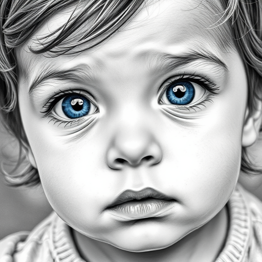 A hyperdetailed photorealistic black and white sketch of a beautiful toddler with deep blue eyes, with a macro focus