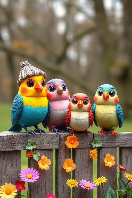 create a scene of 4 quirky  whimsical colourful comical birds each with a funny expression. they are sat on a wooden fence with colourful flowers. they are all different sizes. each one is a different colour  one is wearing a woolly hat. Each one has a different quirky google expression and there is a muted background of trees watercolour paintierly style high definition 8k resolution 3D paper mache