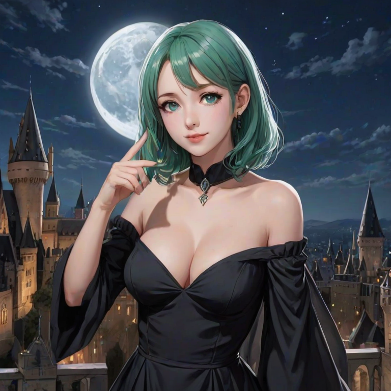 masterpiece, best quality, 1girl, pa-san, green eyes, blue colored inner hair, large breasts, ear piercing, chin piercing, hime cut, choker, black dress, long dress, shoulder cutout, sleeves past fingers, cloud, moon, full moon, Hogwarts, castle hill, night sky, street, shooting star, looking at viewer, blush, light smile, closed mouth, strong pose