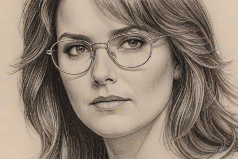 Sublime Lucy Lawless, pencil sketch, portrait of Beauteous woman 1974s in glasses, hair style beatnik, outline, clear lines, fine lines, 8k