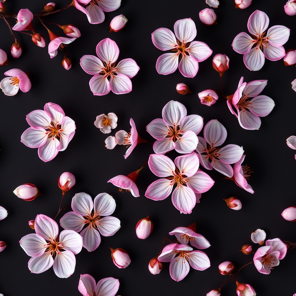 Create a high-resolution floral pattern featuring cherry blossoms in shades of pink and white on a dark background, using a DSLR camera with a 50mm lens, aperture set to f/2.8, ISO 100, shot from a flat lay perspective, with natural lighting to enhance color vibrancy and detail.
