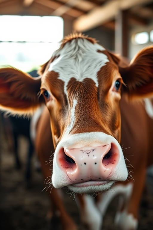 Capture a close-up shot of a brown and white cow in a barn with natural light, aperture set to f/2.8 for a shallow depth of field, ISO 200 for clarity, using a DSLR camera with a 50mm lens.