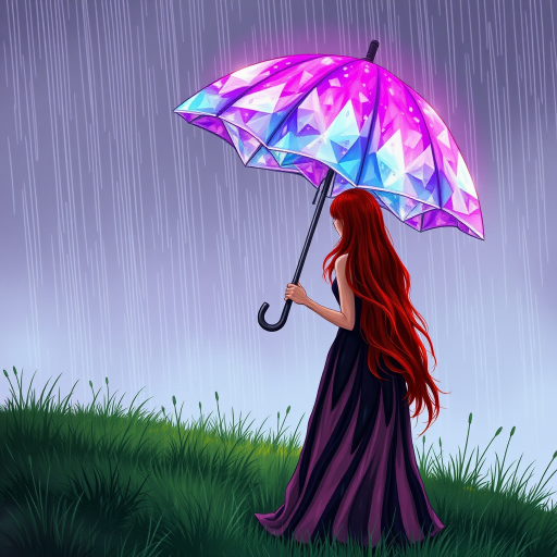 A surreal hand-drawn digital artwork depicting a mysterious red-haired woman standing on a grassy hill under the rain. She holds an umbrella crafted from iridescent zircon, its vibrant sheen contrasting with the soft, rainy atmosphere. The scene feels dreamlike, blending the natural elements of the hill and rain with the otherworldly shimmer of the umbrella.