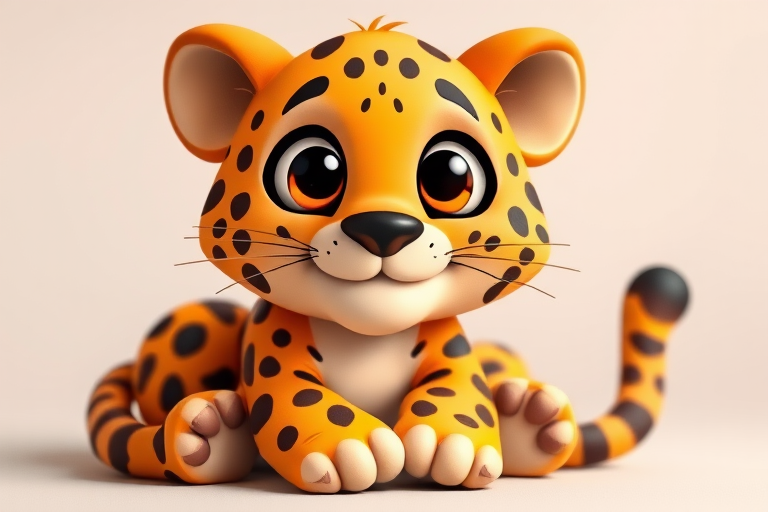 Create a cute cartoon leopard character with large expressive eyes and a friendly smile, featuring vibrant orange fur with dark spots, sitting playfully with its tail curled around its paws, captured in a high-resolution, close-up view using a DSLR camera at f/2.8, ISO 100, 50mm lens, with soft lighting to enhance colors and details.