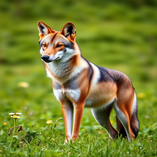A tall, elegant maned wolf standing in a lush green field, captured with a DSLR camera at f/4, ISO 200, 1/250 sec, using a 50mm lens, in natural light for enhanced detail and clarity.
