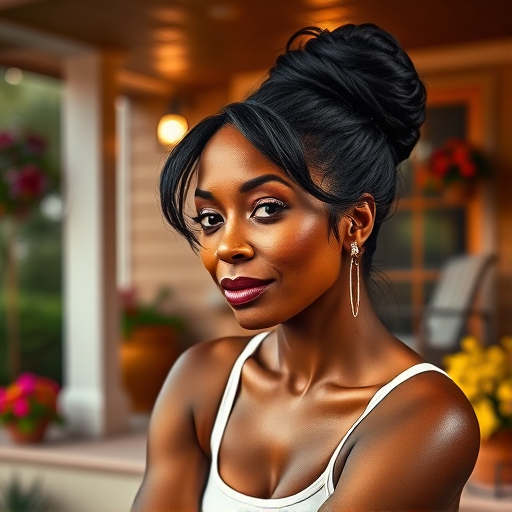 A photo of Angela Bassett with a background of a cozy porch. She has dark hair pulled back in an updo, with tendrils framing her face. She wears a white tank top and sits on the porch. The porch is part of a well-lit home with a warm, earthy tone and colorful flowers and foliage. The overall scene has a warm, welcoming, and comfortable ambiance.