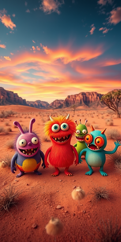 colorful cartoon monsters in a desert landscape, vibrant and playful style, wide-angle view, f/8 aperture, ISO 100, 24mm lens, high dynamic range settings, digitally enhanced quality