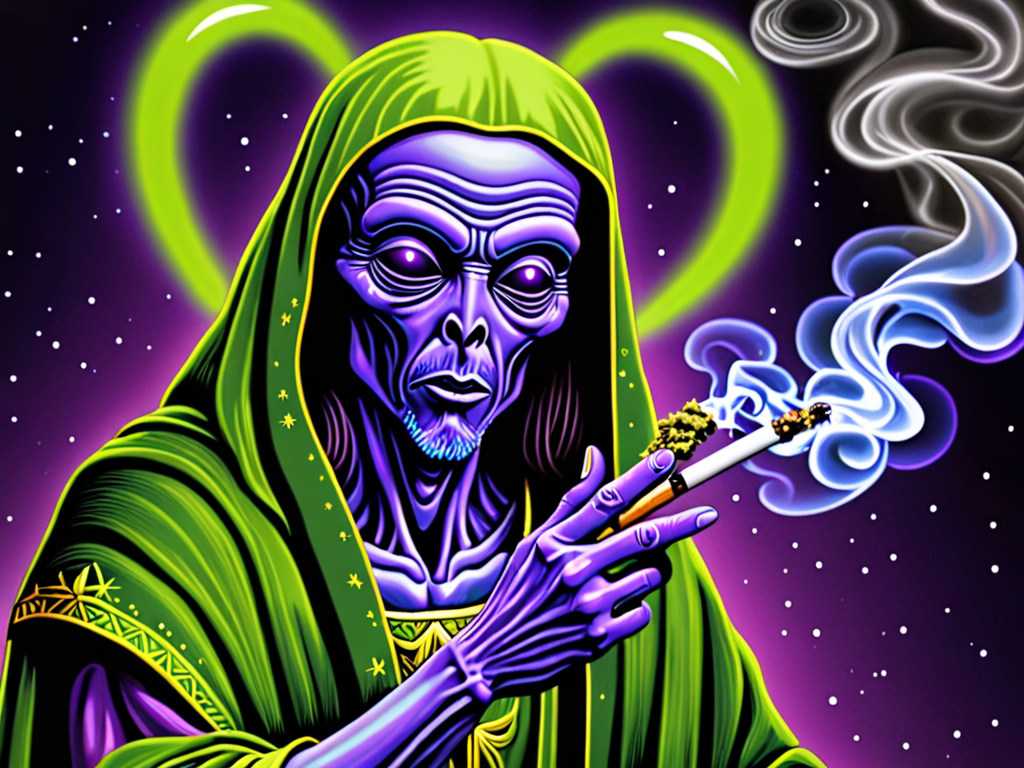 Alien smoking weed with Jesus + devil  crying + purple lasers.