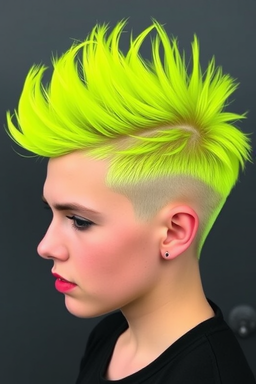 Electric Neon Buzz features a bold, asymmetrical undercut with vibrant yellow-green hair on top, styled in spiky tufts that seem to crackle with energy