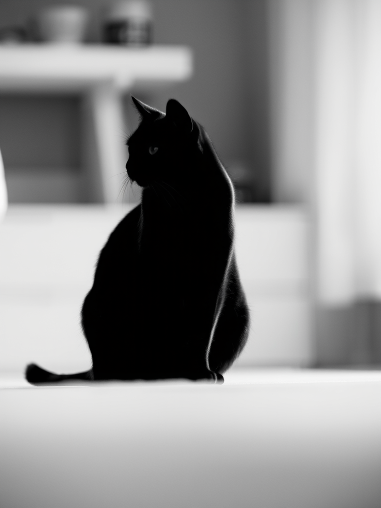capture a high-contrast monochrome silhouette of a cat sitting gracefully against a soft blurred background with a shallow depth of field, use a 50mm f/1.8 lens, aperture set to f/1.8, ISO 200, shutter speed 1/200s, natural light from the side, taken with a DSLR camera
