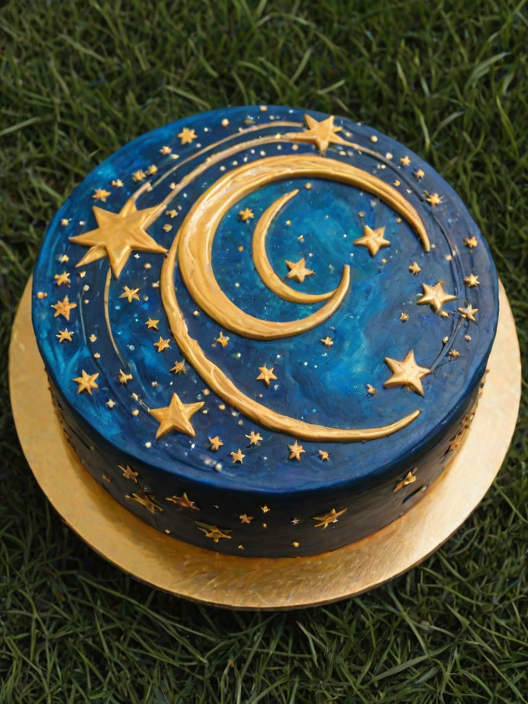 Create an image of a round cake with a cosmic theme. The cake should be decorated in dark blue icing, featuring swirls and stars. Include golden elements like a sun motif and crescent moons. The background should show a grassy area to highlight the cake's vibrant colors.
