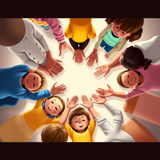Create an image of a circle of diverse children holding hands, using a 35mm lens, f/8 aperture, ISO 100, soft lighting, top-down view, digital illustration style.