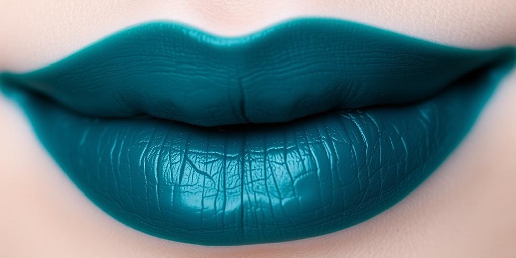 Deep teal cream lipstick with a subtle blue shift, titled "Mermaid's Secret," boasting full coverage and a smooth application, suited for creating mystical and enchanting looks