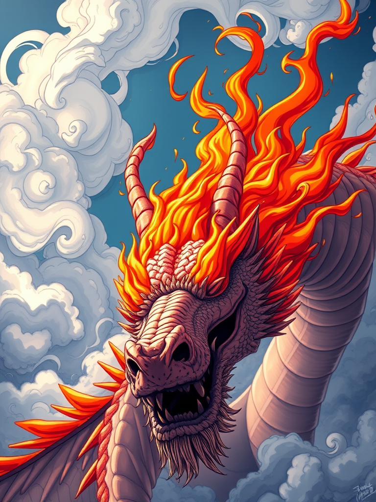 A highly detailed illustration of a mythical dragon with vibrant red and orange flames on its head, surrounded by swirling clouds, captured from a low angle using a DSLR camera with a 50mm lens, f/1.8 aperture, ISO 100, and natural light to enhance colors and textures.