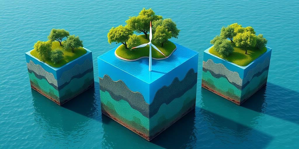 Create a 3D rendering of three floating cubic islands with lush green trees and a wind turbine on the central cube, with vibrant blue water layers and detailed soil textures, using a Canon EOS R5 camera, 50mm lens, f/8 aperture, ISO 100, and soft natural lighting for an ultra-realistic look.