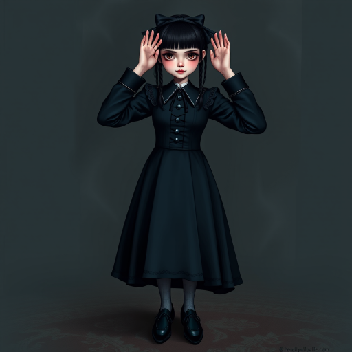 Digital art, full height portrait of Wednesday Addams, standing up with her hands in the air as if in a hold-up. Her dark, gothic attire replaces Alice’s classic blue dress, and she wears black shoes instead of blue. A small, neat black bow adorns her hair, capturing her signature style. The overall composition maintains a whimsical yet eerie tone, similar to Alice in Wonderland, while showcasing Wednesday’s iconic gothic charm.