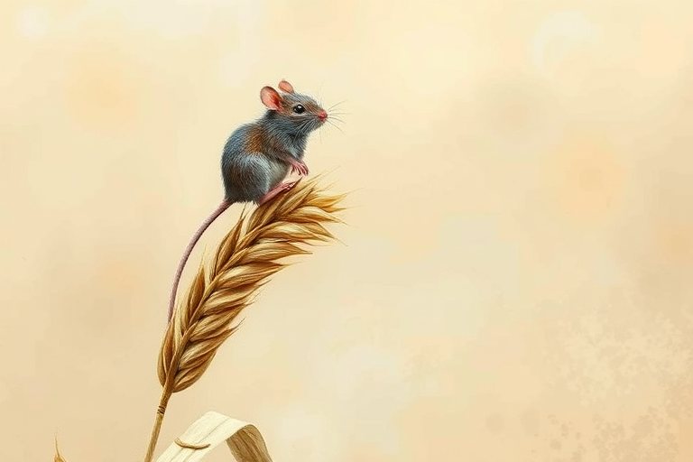 Soft, muted Alcohol Ink with ebru effect background image of tiny whimsical rat, who climbed high on the top of a golden rye ear.