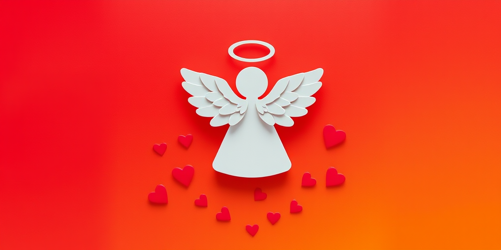 Create a minimalist angel figure with a halo and wings surrounded by small hearts, use a vibrant red and yellow gradient background, shoot with a Canon EOS R5 at f/2.8, ISO 100, 50mm lens, top-down view, soft focus style.
