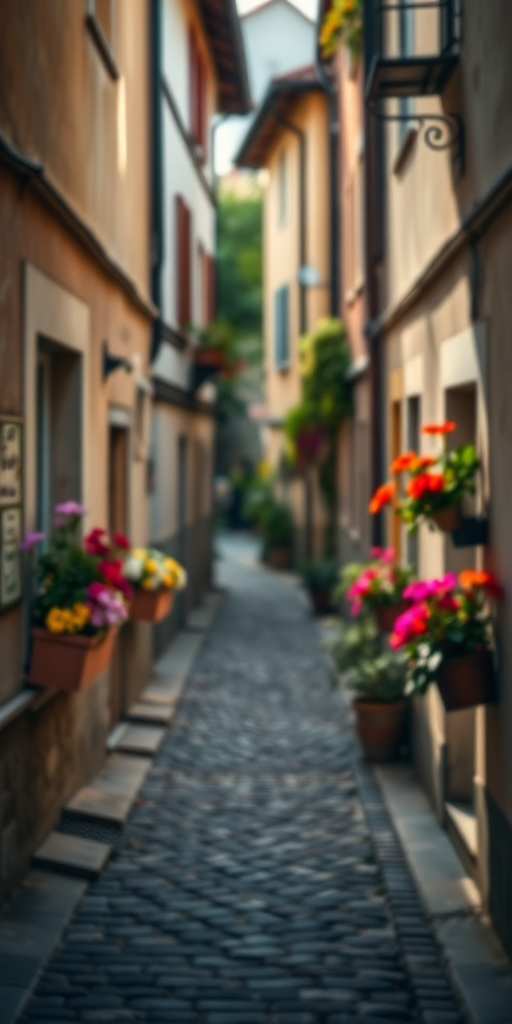 Soft-focus image of a narrow cobblestone street in a charming European village, with colorful flowers blooming in window boxes, and soft sunlight illuminating the quaint buildings.