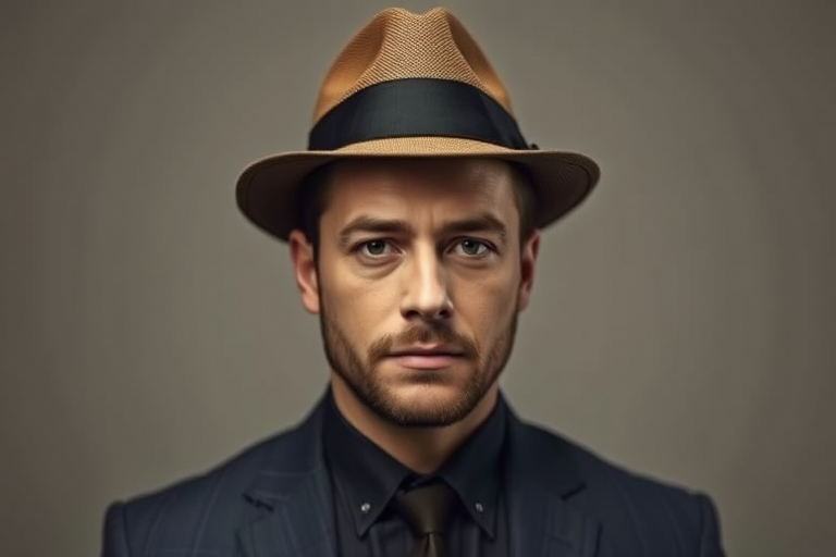 portrait of a man in a fedora hat and suit, dramatic lighting, neutral background, high-resolution detail, 50mm lens, f/1.8 aperture, ISO 100, soft focus, studio photography, DSLR camera