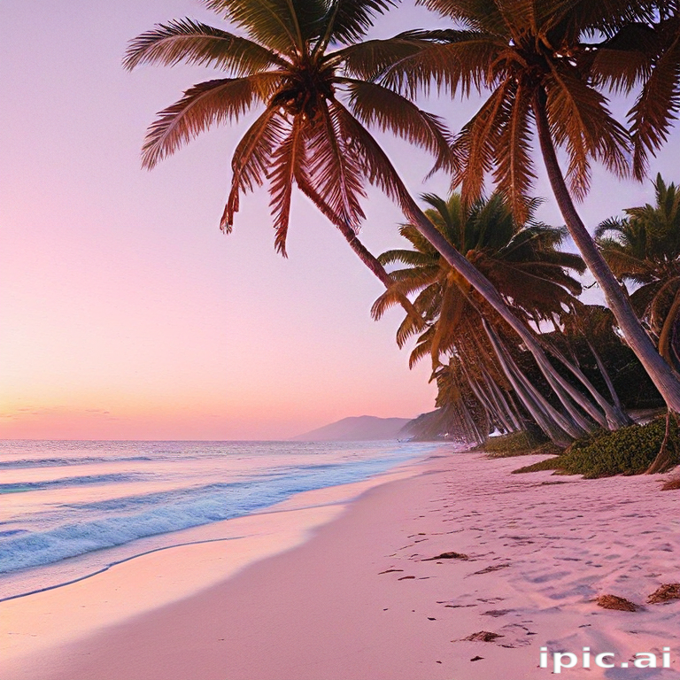 Tranquil Sunset Over a Serene Beach with Lush Palm Trees.