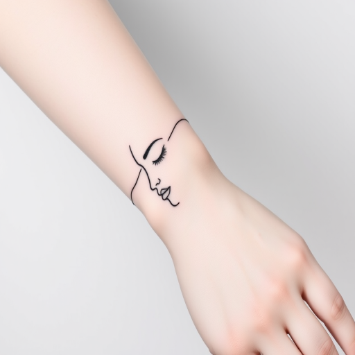 Minimalist line art body tattoo of a continuous one-line face profile wrapping around the wrist, executed in fine black ink for a delicate and modern aesthetic