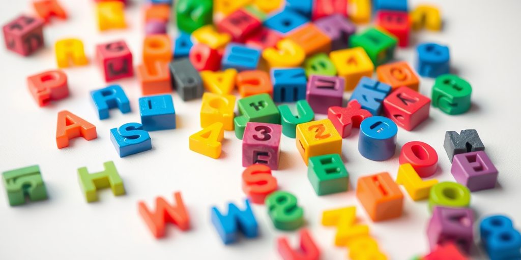 colorful plastic alphabet and number blocks scattered on a white surface, shallow depth of field, 50mm lens, f/1.8, ISO 100, natural light, macro photography, digital single-lens reflex camera