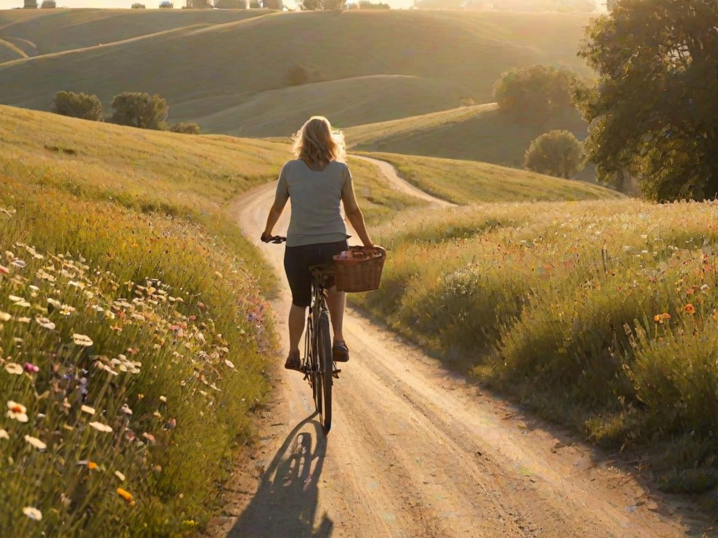 Dusty rural road winding through rolling hills, a woman rides a bicycle down the lane, her basket filled with wildflowers, with the late afternoon sun casting long shadows.