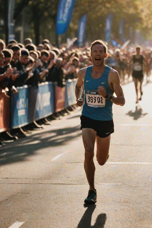 Blurry, fast-paced image of a marathon runner crossing the finish line, sweat glistening on their face, arms raised in triumph, the crowd in the background cheering, soft sunlight casting long shadows on the ground, a blur of other runners behind.