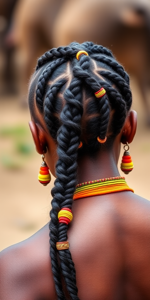 Create an image of a traditional African hairstyle with intricate braiding and colorful accessories, shot from the back, with soft focus background, using a DSLR camera, 50mm lens, aperture f/1.8, ISO 100, natural lighting, and slight vignette effect for enhanced depth.