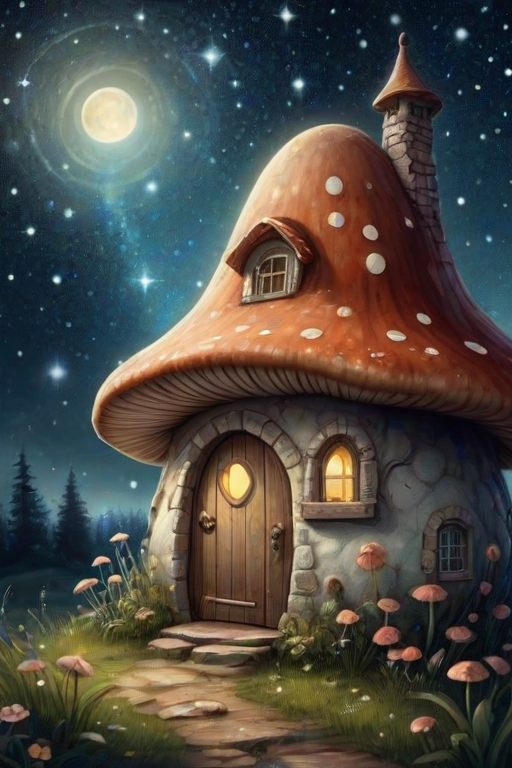 imagine illustration of a mushroom house with a door and a window, a storybook , fantasy art, mushroom house, bg starry sky, sparkles