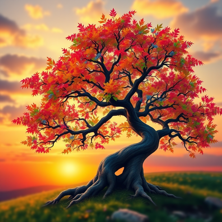create a vibrant digital painting of a twisted tree with colorful leaves in an abstract style, sunset background with soft clouds, shot with a DSLR camera at f/8 aperture, 50mm lens, and a slight vignette effect to enhance depth and focus