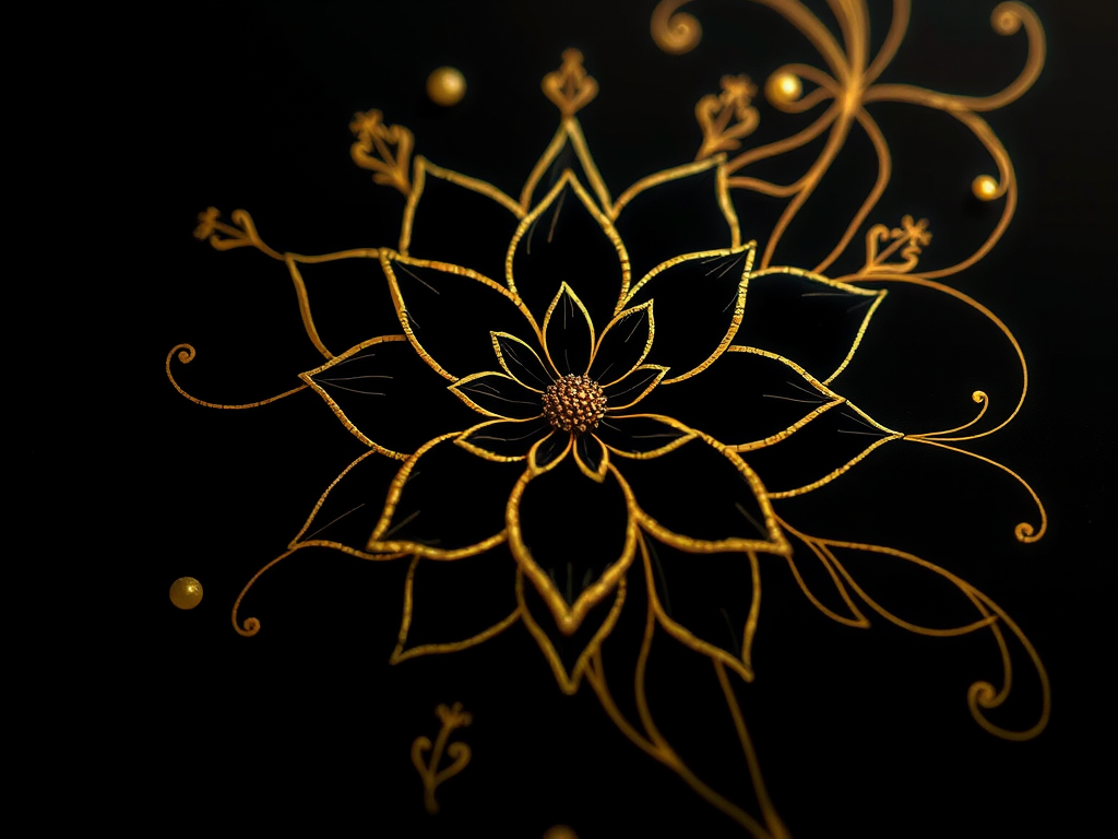 floral design with intricate golden line art on a black background, high resolution, macro lens, f/2.8 aperture, 50mm focal length, soft lighting, studio photography
