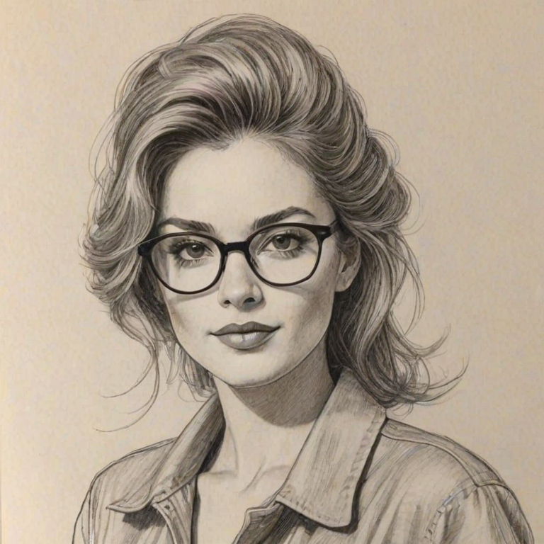 Splendid Ashley Marie, pencil sketch, portrait of Superb woman 1980s in glasses, hair style beatnik, outline, clear lines, fine lines, 8k