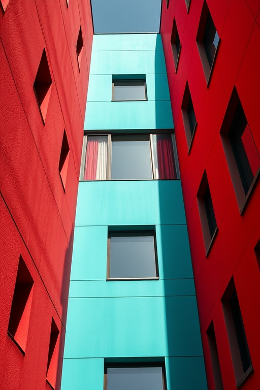 high-resolution photograph of a modern architectural building with vibrant red and turquoise walls, shot with a Canon EOS R5, 35mm lens, ISO 100, aperture f/8, daylight, top-down angle to emphasize geometric shapes and colors, sharp focus on textures and shadows