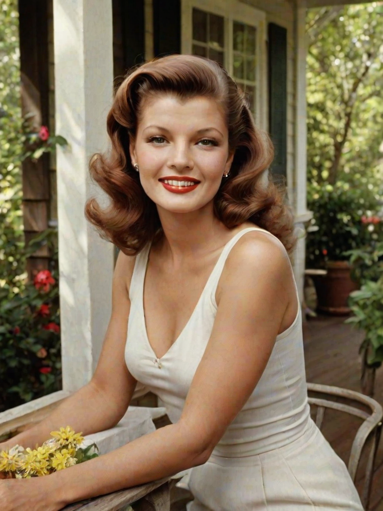 A photo of Rita Hayworth with a background of a cozy porch. She has dark hair pulled back in an updo, with tendrils framing her face. She wears a white tank top and sits on the porch. The porch is part of a well-lit home with a warm, earthy tone and colorful flowers and foliage. The overall scene has a warm, welcoming, and comfortable ambiance.
