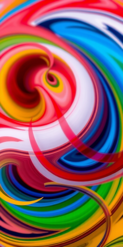 Create an abstract composition featuring vibrant swirling colors of red, blue, yellow, green, and white, emphasizing dynamic geometric shapes and curves, captured with a DSLR camera at a 50mm lens, f/1.8 aperture, ISO 200, shutter speed 1/60s, using a macro perspective for enhanced detail and clarity.