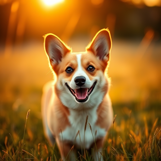 Generate an image of a happy corgi standing in a grassy field during golden hour, focus on the dog's expressive face, shallow depth of field, 50mm lens at f/2.8, ISO 200, 1/250 sec shutter speed, captured with a DSLR camera.