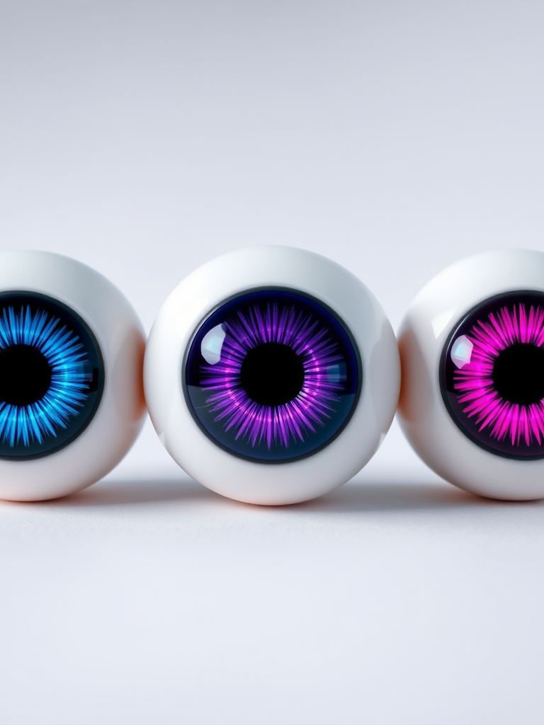 Create a vivid illustration of three stylized eyeballs in a row, featuring blue, purple, and magenta irises, high resolution, DSLR camera, f/2.8 aperture, 50mm lens, soft focus background, symmetrical composition.