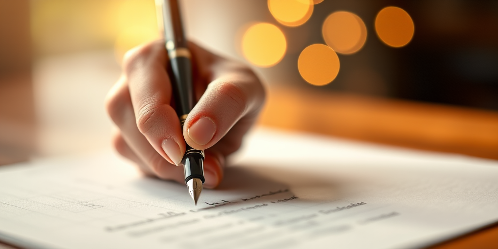 a close-up shot of a hand writing elegantly on a piece of paper with a fountain pen, warm bokeh lights in the background, aperture f/1.8, shutter speed 1/60s, ISO 400, DSLR camera, soft focus effect, natural light illumination