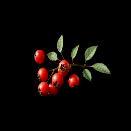 generate a high-quality digital illustration of a stylized plant with round berries and delicate leaves on a dark background, using a Canon EOS R5, 50mm lens, f/2.8 aperture, ISO 100, capturing in soft natural light for enhanced detail and color depth