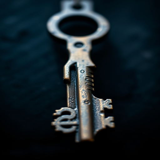 Create a high-resolution image of a vintage key, using a DSLR camera with an aperture of f/2.8, ISO 100, shutter speed of 1/60 sec, in a macro view, with a soft focus background to enhance details.
