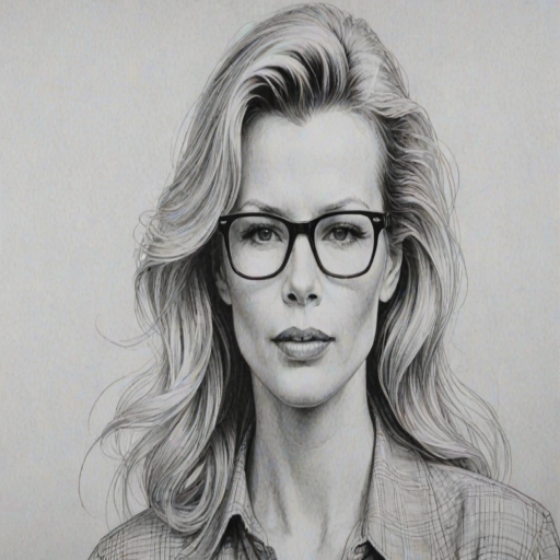 Captivating Kim Basinger, pencil sketch, portrait of Superb woman 1924s in glasses, hair style beatnik, outline, clear lines, fine lines, 8k