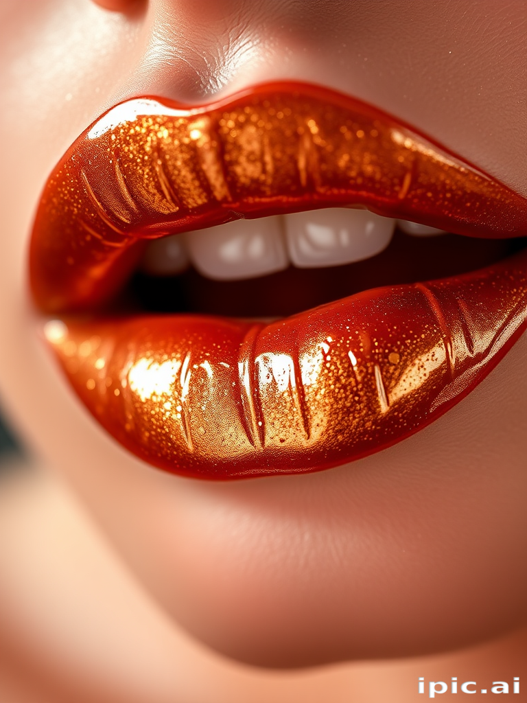 Metallic bronze lip gloss "Gilded Goddess" boasting a high-shine finish, flecks of gold shimmer, and a non-sticky texture for a glamorous night out