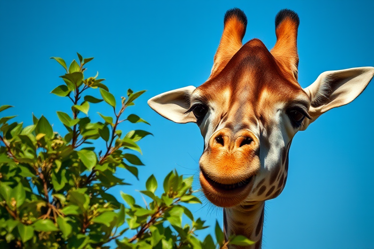 Close-up of a giraffe eating leaves from a bush, bright blue sky in the background, captured with a Canon EOS 5D Mark IV, 50mm lens, aperture f/2.8, shutter speed 1/250s, ISO 100, natural lighting for enhanced detail.