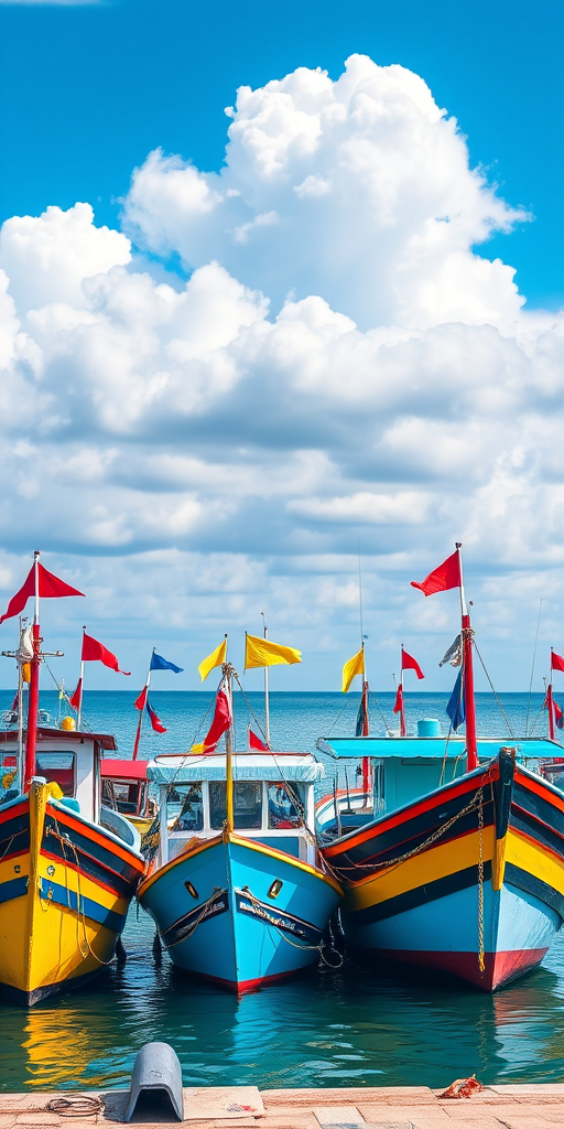 Generate a vibrant coastal scene with colorful fishing boats adorned with various flags, set against a bright blue sky with fluffy clouds, captured with a DSLR camera at f/8 aperture, ISO 100, 24mm lens, in a wide-angle view to enhance depth and detail.