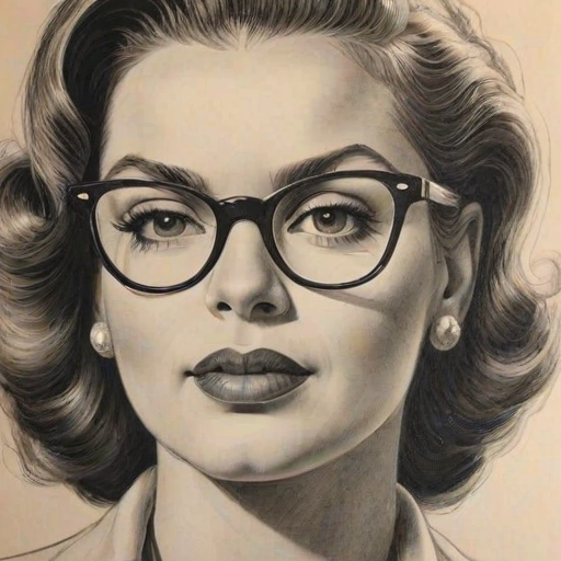 Superb Mo'Nique, pencil sketch, portrait of Alluring woman 1945s in glasses, hair style beatnik, outline, clear lines, fine lines, 8k