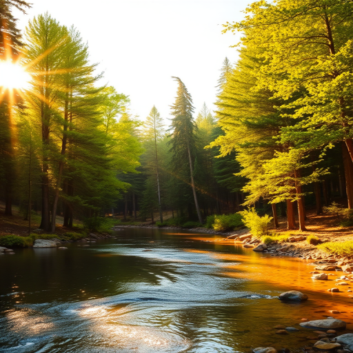 Create an image of a serene, sunlit forest scene with a clear, gently flowing river. Tall trees with lush green foliage line both sides of the river, their leaves bathed in the warm golden light of the setting or rising sun. The sunlight filters through the trees, casting soft, dappled light on the river, which flows over smooth rocks and pebbles, creating a peaceful, natural atmosphere. The sky is bright with a few scattered clouds, and the overall mood is tranquil, evoking a deep sense of connection with nature. The image captures the beauty of a calm, pristine forest landscape at either dawn or dusk.