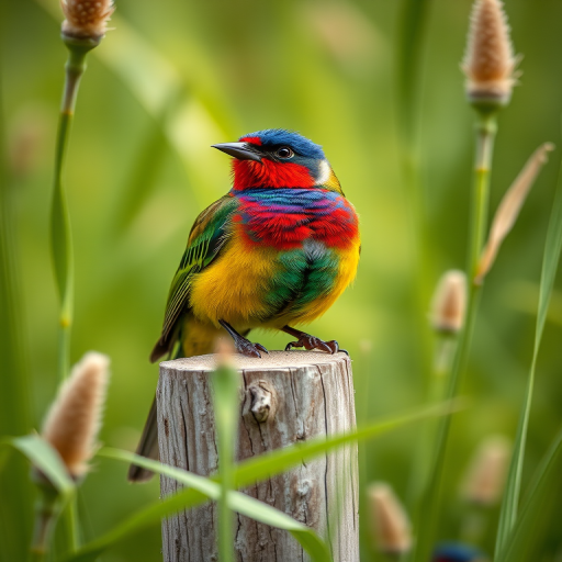 A colorful bird perched on a wooden post surrounded by soft natural greenery, close-up view, shot with a Canon EOS 5D Mark IV, 50mm lens, aperture f/2.8, shutter speed 1/200s, ISO 100, natural lighting for enhanced detail and vibrancy.